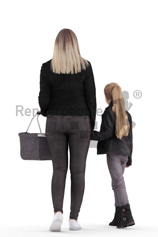Photorealistic 3D People model by Renderpeople – european mother and daughter, holding hands at the supermarket