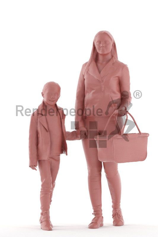 Photorealistic 3D People model by Renderpeople – european mother and daughter, holding hands at the supermarket