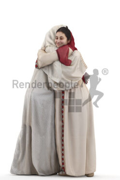 Photorealistic 3D People model by Renderpeople – two middle eastern females in traditional outfits, wearing headscarfs and hugging