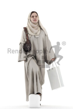 Posed 3D People model for visualization – middle eastern woman in traditional outfit, wearing headscard, walking upstairs with shopping bag