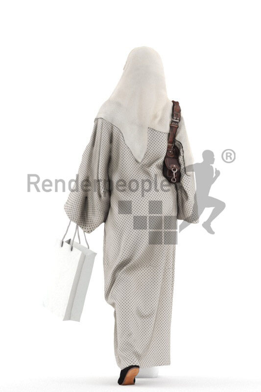 Posed 3D People model for visualization – middle eastern woman in traditional outfit, wearing geadscard, walking upstairs with shopping bag