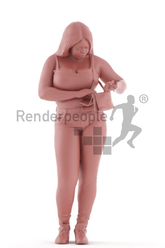 3d people sitting, black 3d woman standing searching in her clutch