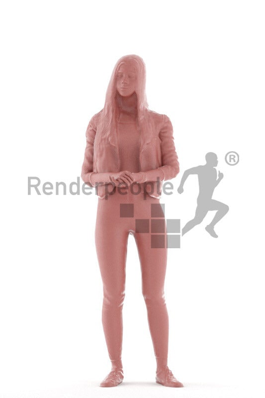 Animated 3D People model for realtime, VR and AR – european teenager girl in casual leather jacket, standing and talking
