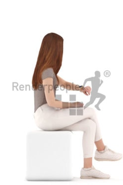 3d people kids, white 3d child sitting looking at her watch