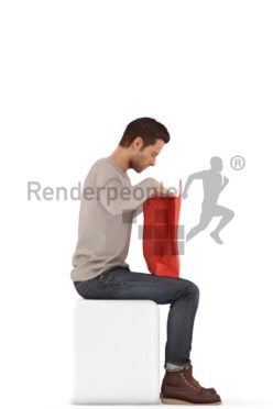 3d people casual, jung man sitting, looking into his shopping bag