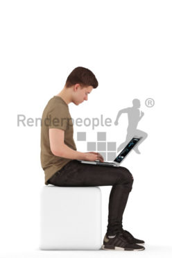 3d people teen, white 3d child sitting with a laptop and typing