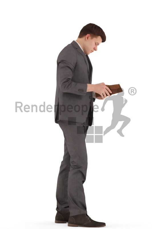 3d people business, white 3d teenager standing and looking into purse