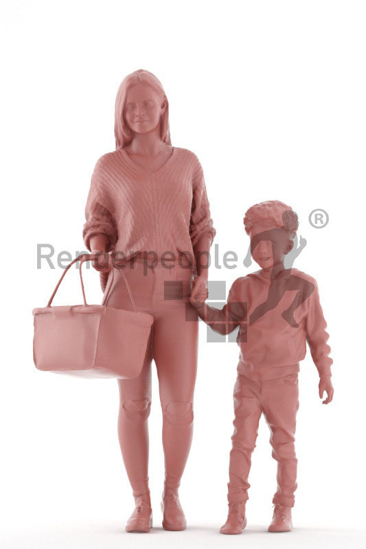 3d people casual, 3d couple mother and child, walking with a basket