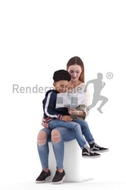 3d people casual, 3d couple mother and child, reading and sitting