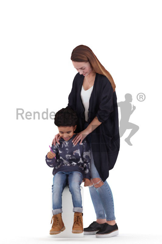 3d people casual, 3d white woman and black boy interacting