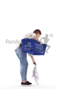 3d people casual, 3d white woman, picking up laundry with a laundry basket