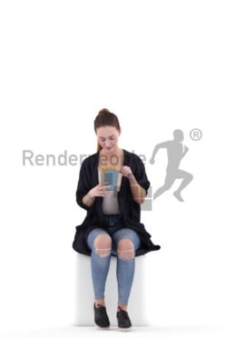 3d people casual, 3d white woman, sitting and eating fries