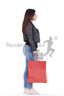 3d people casual, young woman standing and waiting with a shopping bag in her hand
