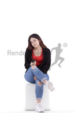 3d people casual, young woman sitting holding a remote
