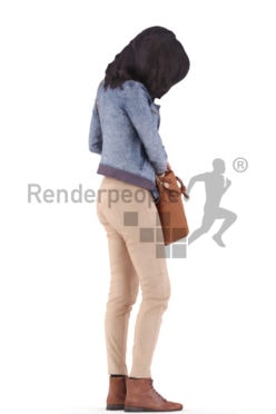3d people casual, woman standing and searching inside her bag