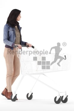 3d people casual, woman walking with a shopping cart