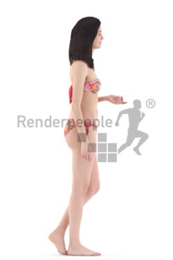 3d people beach, woman walking wearing bikini