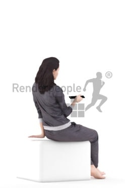 3d people sleepwear, white 3d woman sitting and watching tv