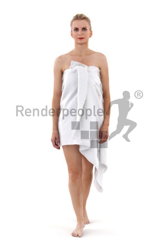 3d people spa, white 3d woman with a towl walking