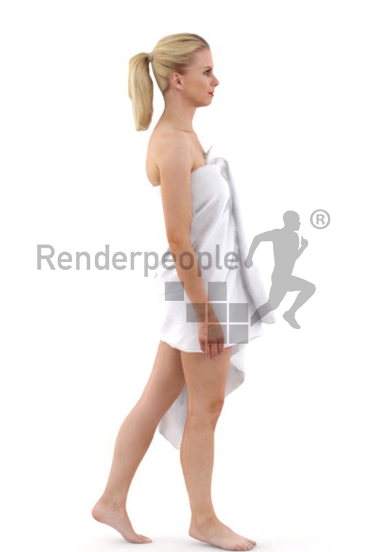 3d people spa, white 3d woman with a towl walking