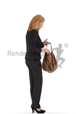 3d people business, white 3d woman standing and looking in her bag