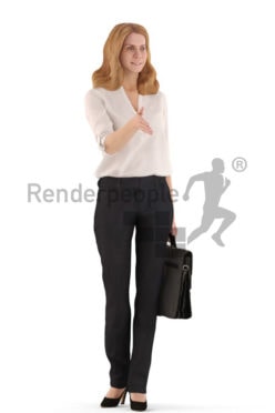 3d people business, white 3d woman standing and holding a briefcase and shaking hands