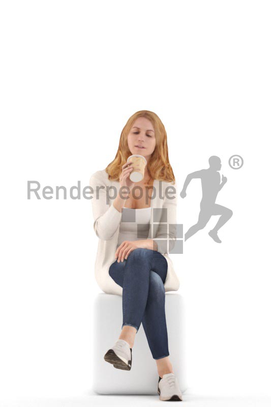 3d people casual, white 3d woman sitting and drinking