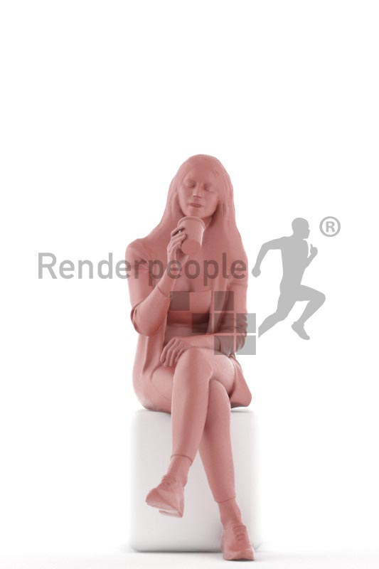 3d people casual, white 3d woman sitting and drinking