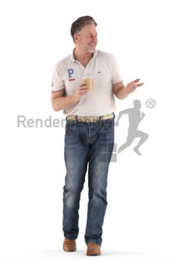 3d people casual, man walking with a coffee