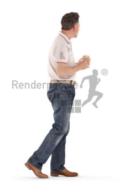 3d people casual, man walking with a coffee