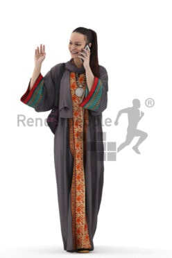 Scanned human 3D model by Renderpeople – middle eastern female in traditional clothing, walking and calling with mobilephone