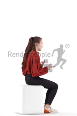 Posed 3D People model for renderings – european teenager girl in casual red pullover, sitting and talking