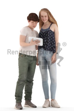 3d people casual, white 3d kids standing and showing something on a tablet