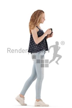 3d people kids, white 3d child walking with a cup