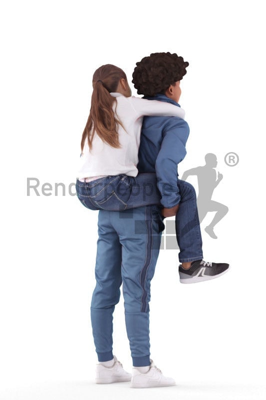 3D People model for 3ds Max and Cinema 4D – black boy taking a european girl piggyback