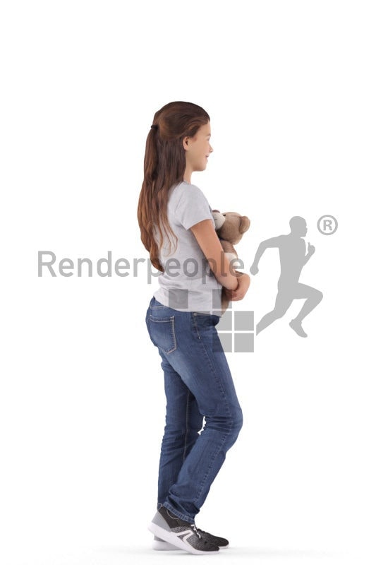3d people casual, white 3d girl standing and holding teddy bear