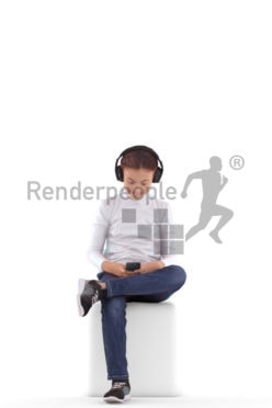 3d people casual, white 3d girl sitting and listening to music