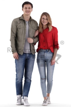 Posed 3D People model by Renderpeople – european couple in casual look, walking arm in arm