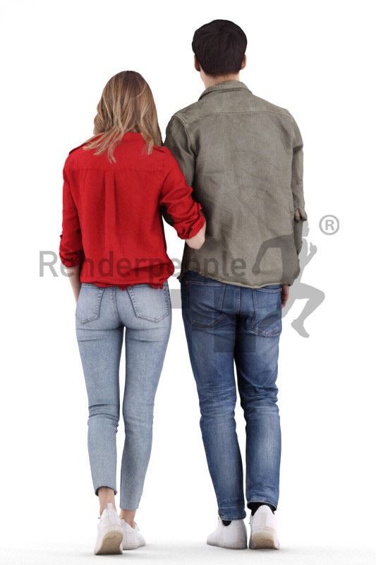 Posed 3D People model by Renderpeople – european couple in casual look, walking arm in arm
