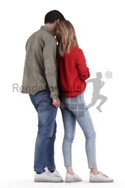 Scanned 3D People model for visualization – couple in casual clothes, woman showing her boyfriend something on her smartphone