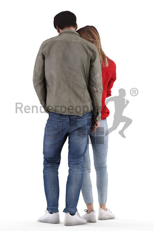 Scanned 3D People model for visualization – couple in casual clothes, woman showing her boyfriend something on her smartphone