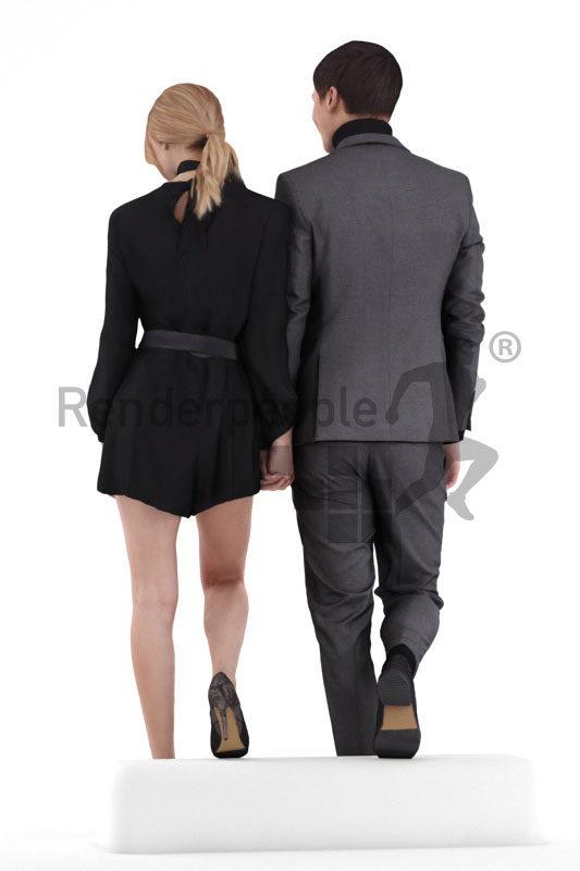 Scanned 3D People model for visualization – white couple in suit and dress, event, walking downstairs