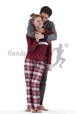 Posed 3D People model for renderings – white couple in sleepwear, cuddling