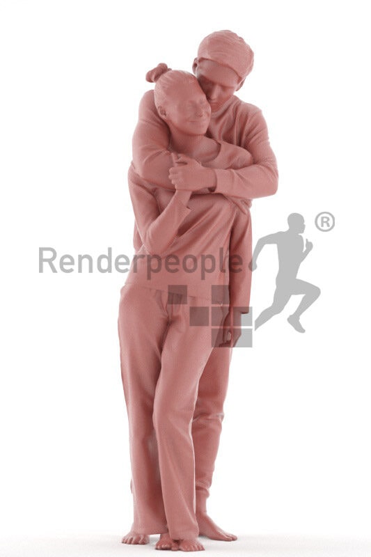 Posed 3D People model for renderings – white couple in sleepwear, cuddling