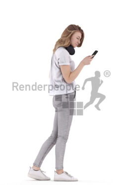 Posed 3D People model for visualization – white woman in casual outfit, walking while typing on smartphone