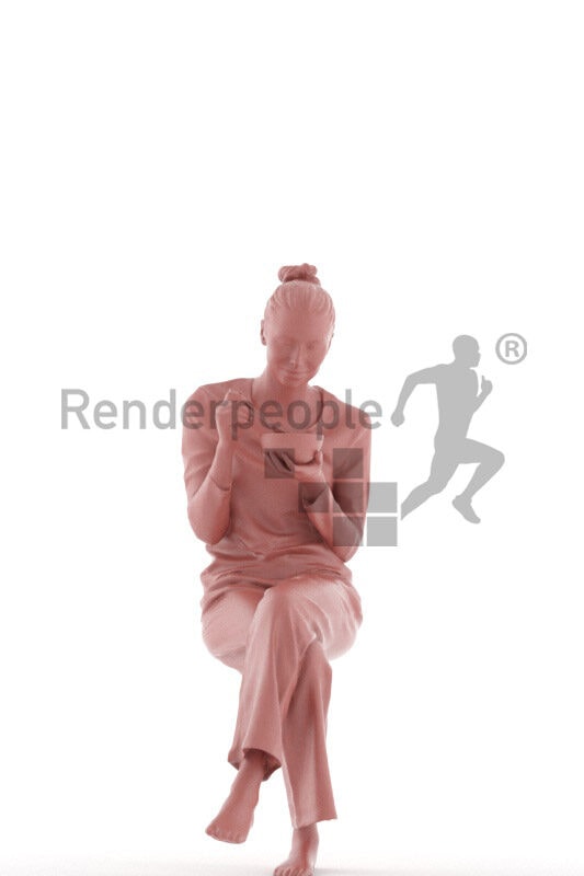 Posed 3D People model for visualization – european woman wearing pyjama, sitting and eating cereals