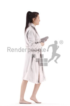 Posed 3D People model by Renderpeople – asian woman walking in bathrobe, carrying towel