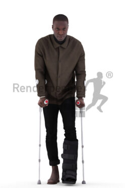 Photorealistic 3D People model by Renderpeople – black man in smart casual look, with foot injury and walking aid