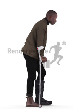 Photorealistic 3D People model by Renderpeople – black man in smart casual look, with foot injury and walking aid