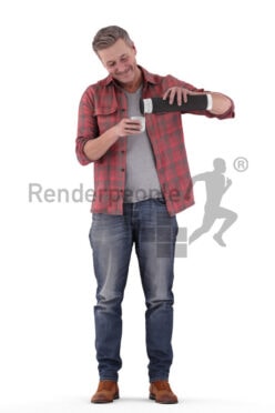 Photorealistic 3D People model by Renderpeople – european best ager man in casual daily look, standing and using his thermocan